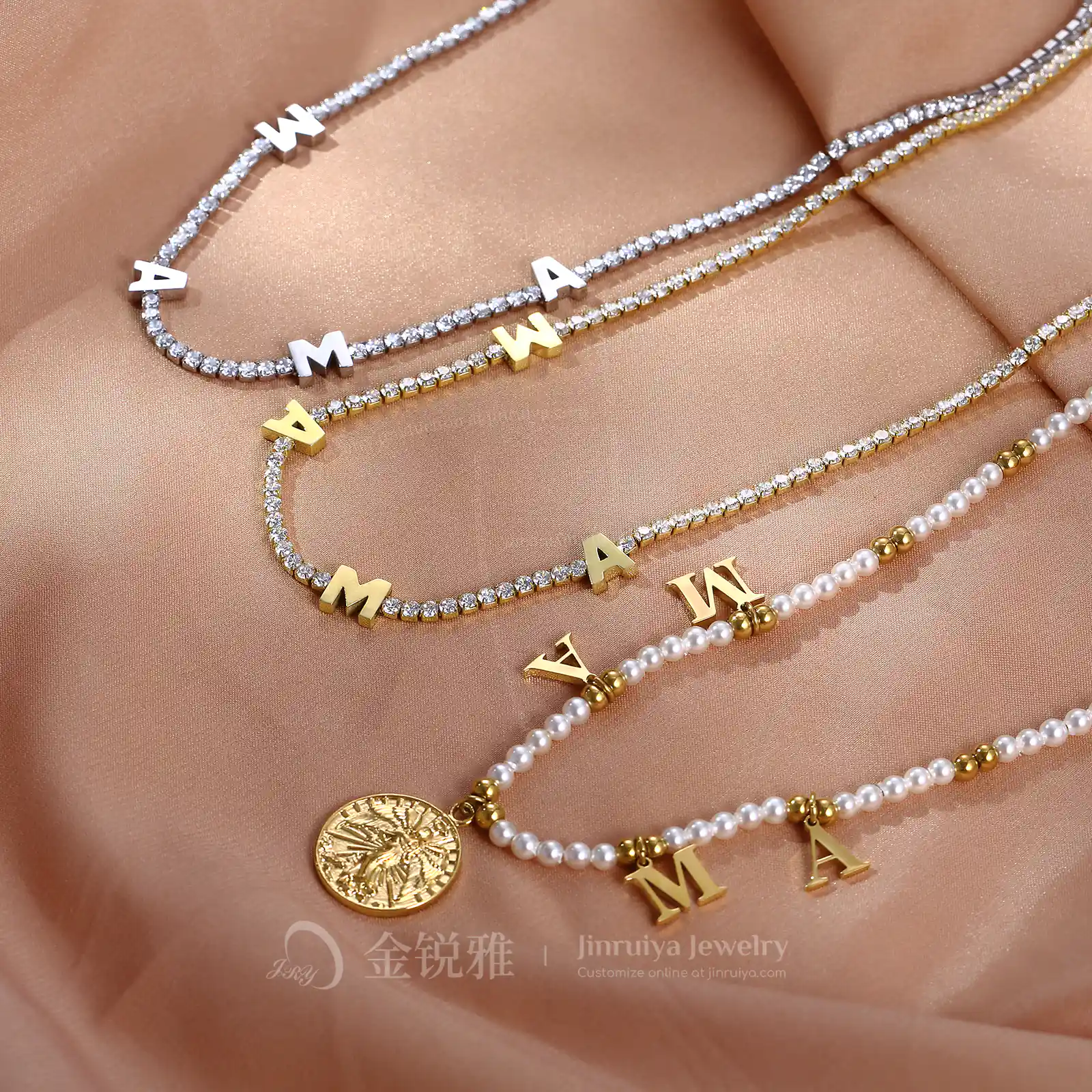 Plastic Bead Chain and Zircon Tennis Chain Mom Necklaces