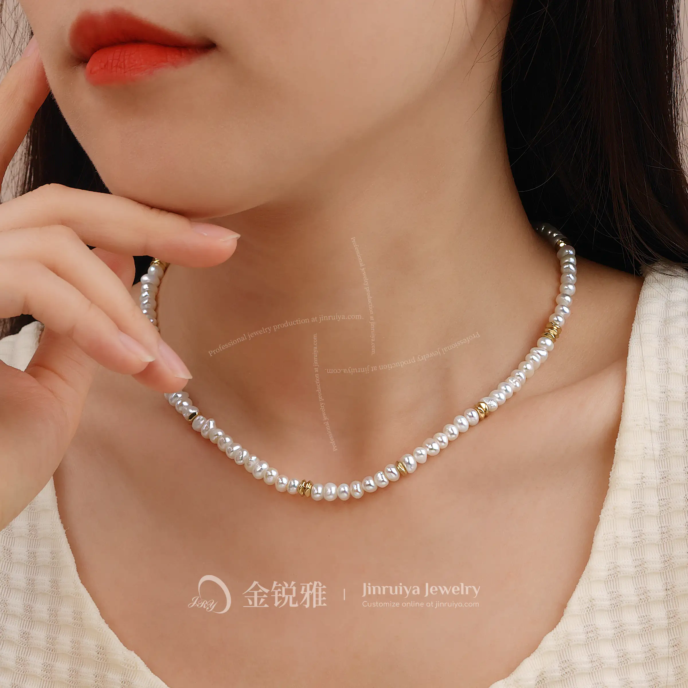 Woman wearing a custom beaded pearl necklace