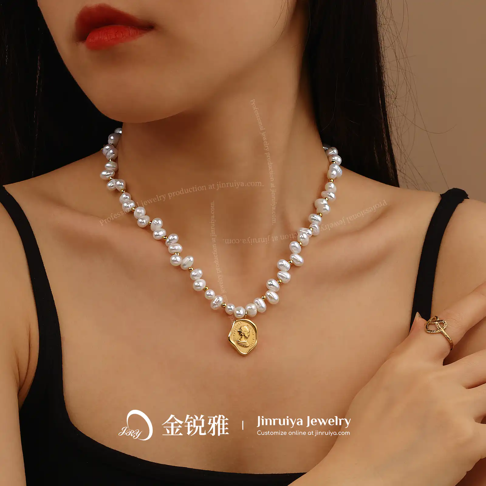 Model wearing a portrait pendant pearl necklace
