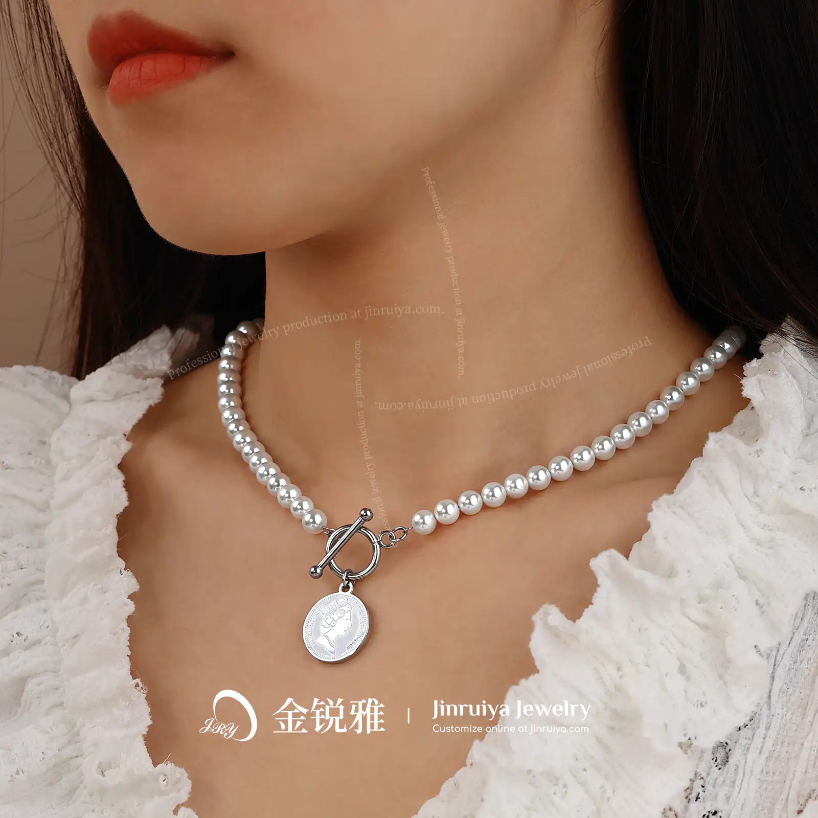 Model wearing a round plate pendant pearl necklace